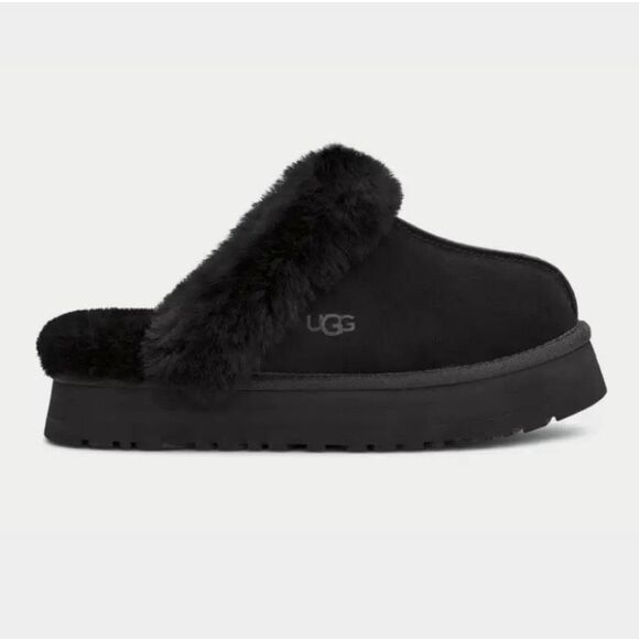 Ugg DISQUETTE Platform Sheepskin & Suede Slippers 1122550 BLACK Size 10 - Picture 1 of 10